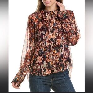 A.L.C. Frida Silk Top Semi Sheer Blouse Size 12 Port Wine Multi Billowy Flowy